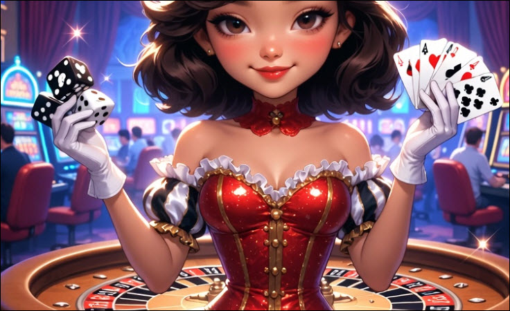 Ilustración de una crupier de casino con dados y cartas