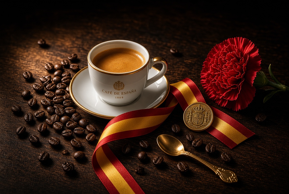 Taza de espresso, cinta de España y clavel rojo