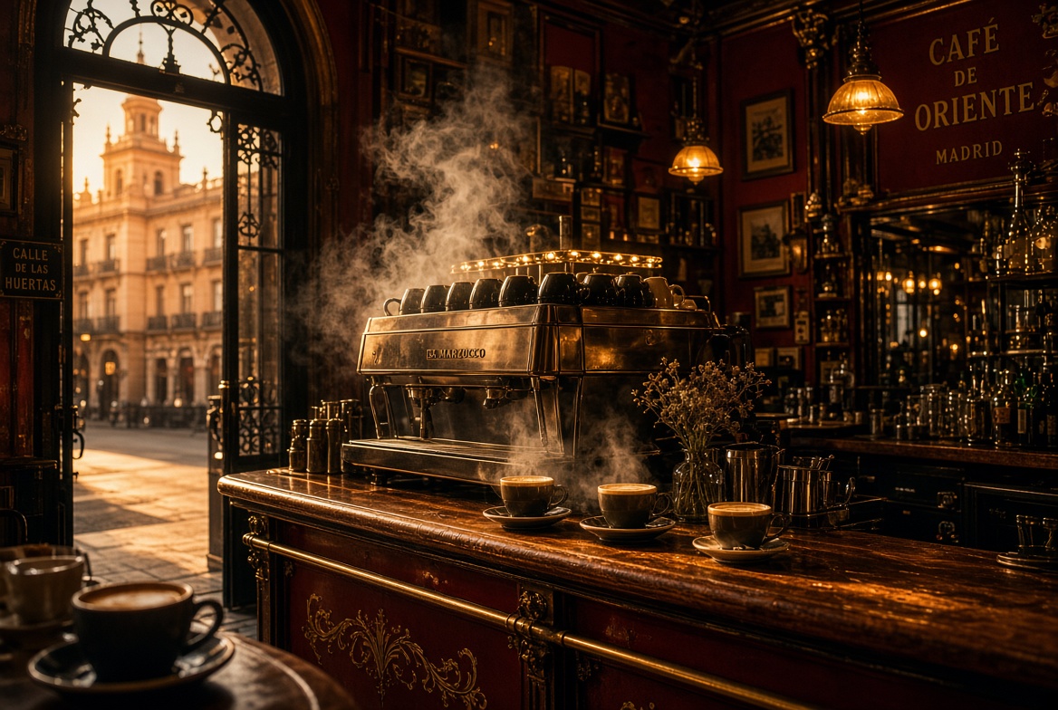Interior de un café de Madrid al atardecer, con máquina de espresso humeante
